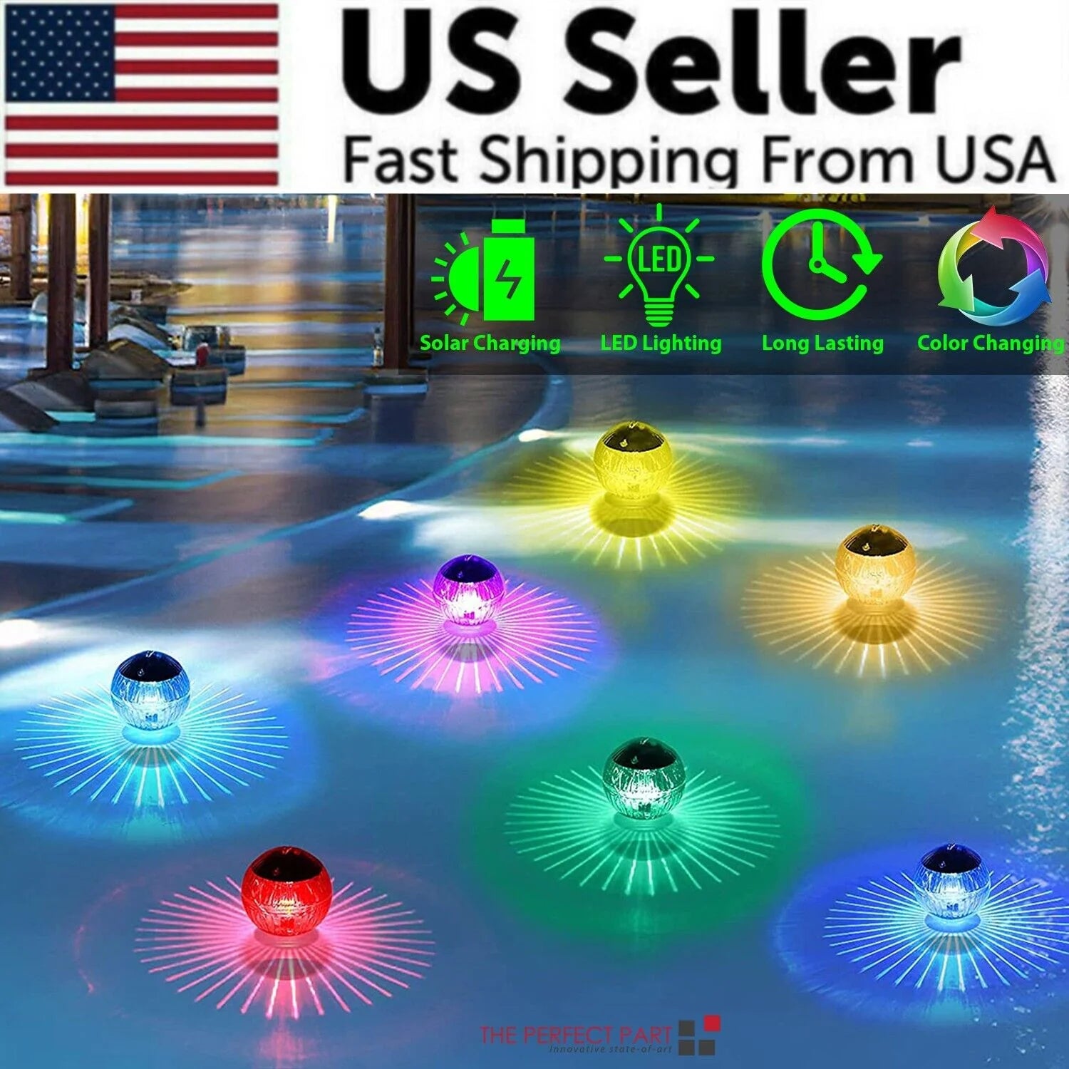 Outdoor Solar LED Floating Light Garden Pond Pool Lamp Rotating RGB Color Change (US Stock)